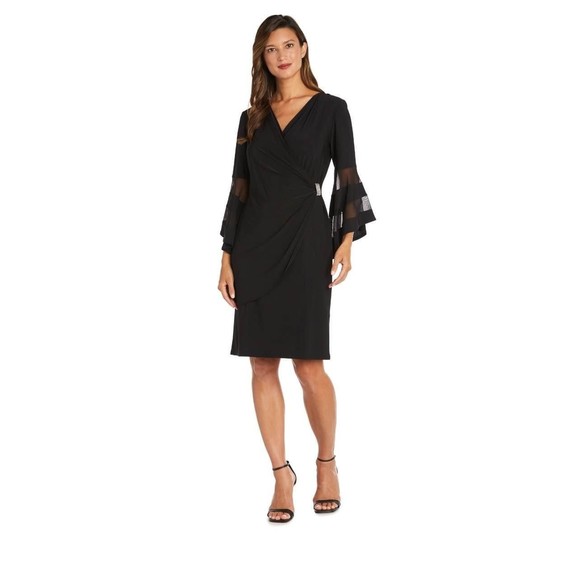 R&M Richards Black Midi Dress with Sheer Bell Sleeves - Picture 1 of 8